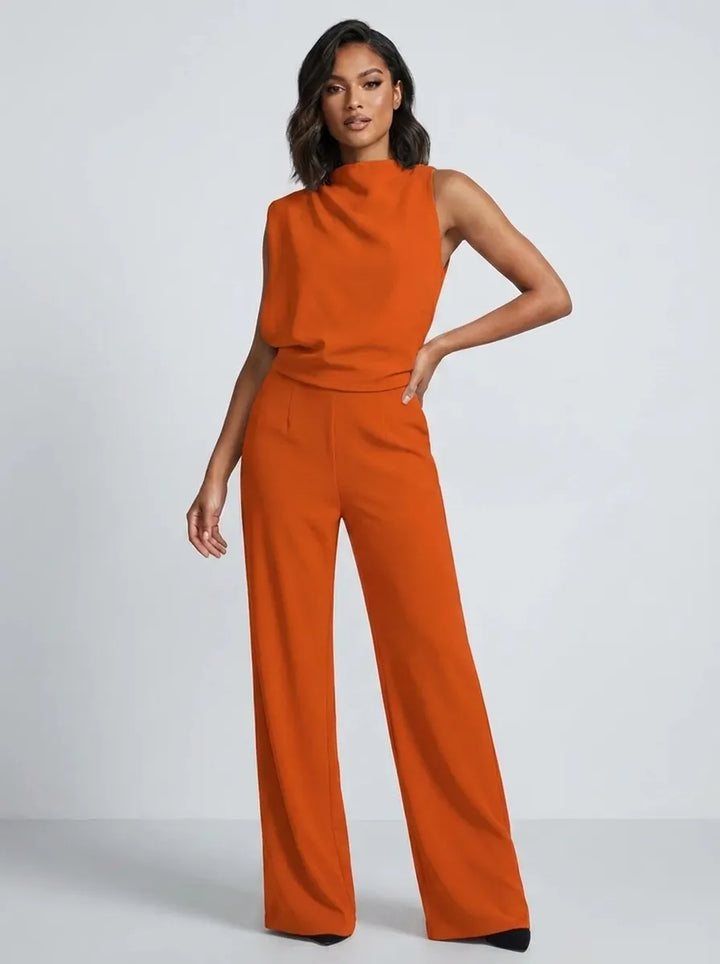 Damen Hochkragen Ärmelloser Jumpsuit mit Weitem Bein und Taschen