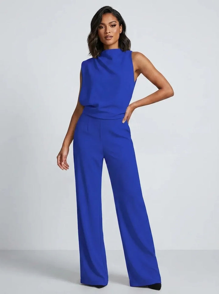 Damen Hochkragen Ärmelloser Jumpsuit mit Weitem Bein und Taschen