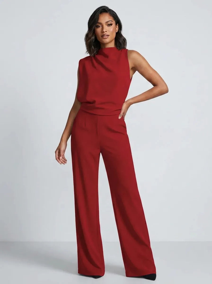 Damen Hochkragen Ärmelloser Jumpsuit mit Weitem Bein und Taschen