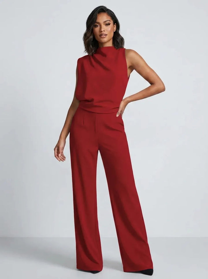 Damen Hochkragen Ärmelloser Jumpsuit mit Weitem Bein und Taschen