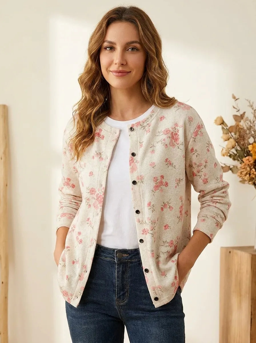 Rosa Rosenblüten Druck | Knopf-Cardigan