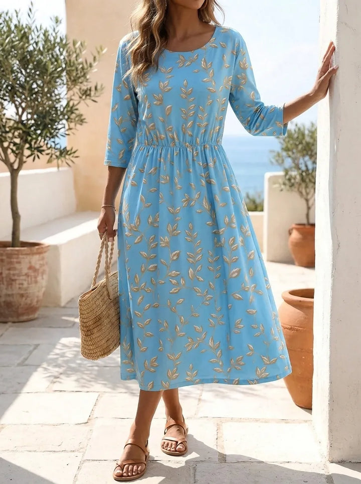 Natalie | Midi-Kleid mit Pflanzen- und Blumenmuster und Rundhalsausschnitt