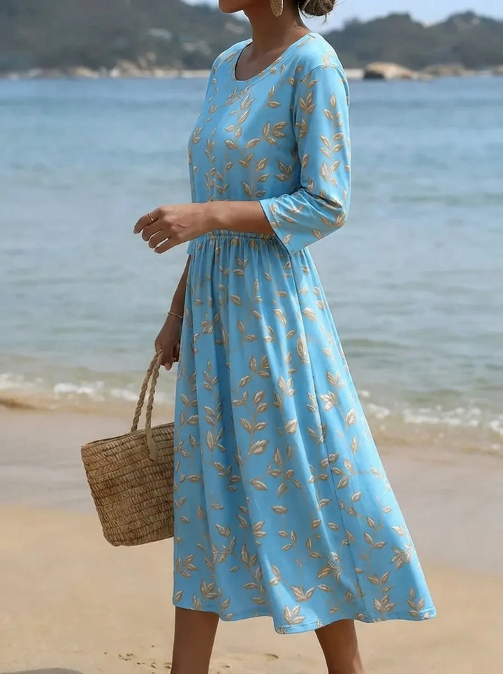 Natalie | Midi-Kleid mit Pflanzen- und Blumenmuster und Rundhalsausschnitt
