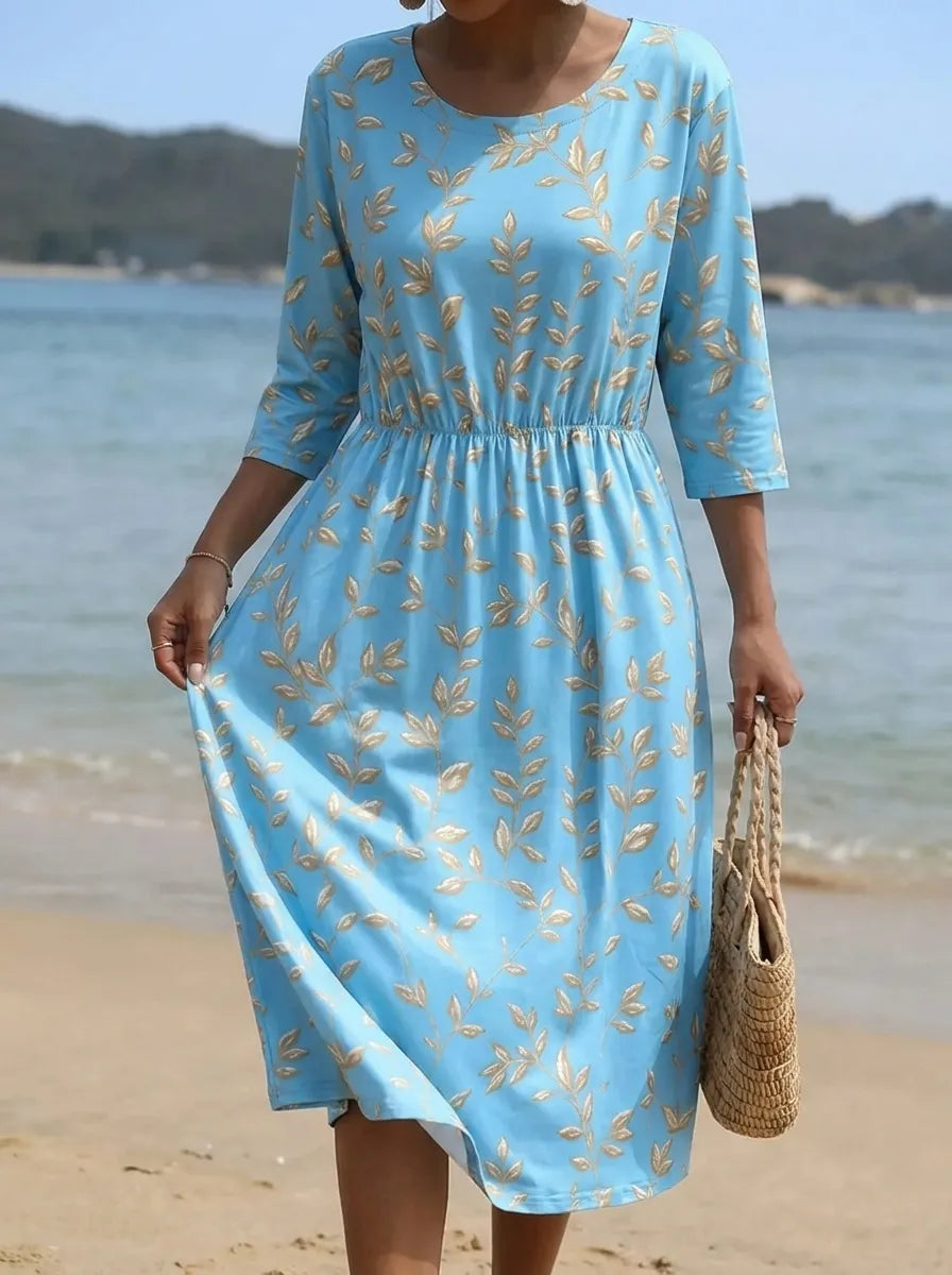 Natalie | Midi-Kleid mit Pflanzen- und Blumenmuster und Rundhalsausschnitt