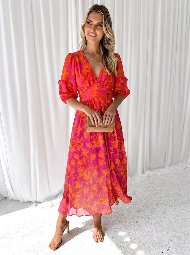 Katy™ - Robe midi élégante à manches bouffantes et motif floral