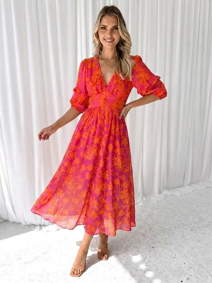 Katy™ - Robe midi élégante à manches bouffantes et motif floral
