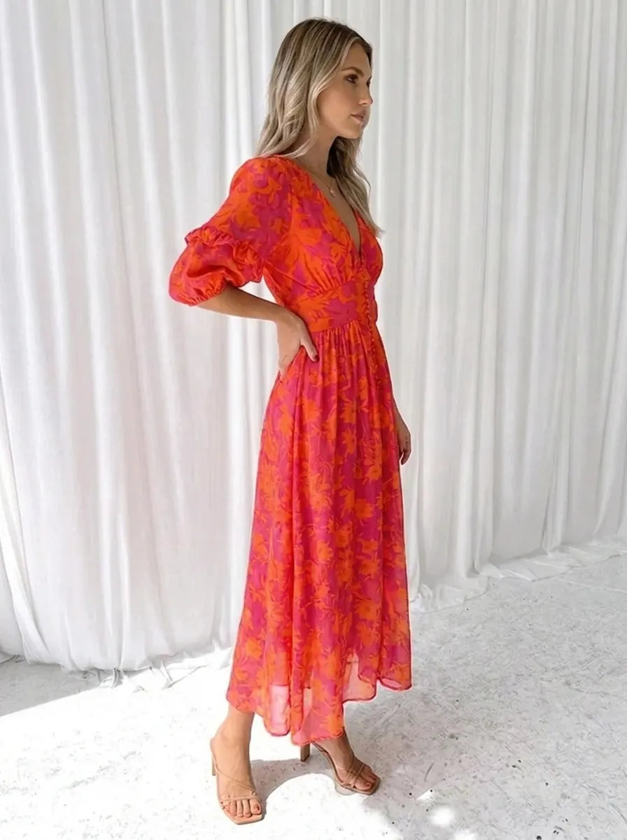 Katy™ - Robe midi élégante à manches bouffantes et motif floral