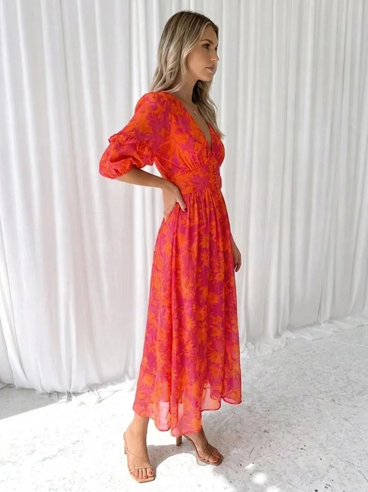 Katy™ - Robe midi élégante à manches bouffantes et motif floral