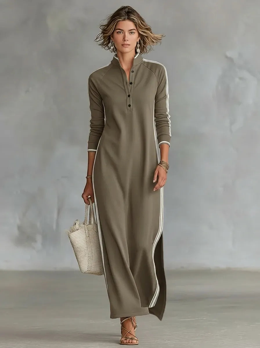 Minimalistisches Sweatshirtkleid für Damen mit weißem Kragen und Knopfleiste