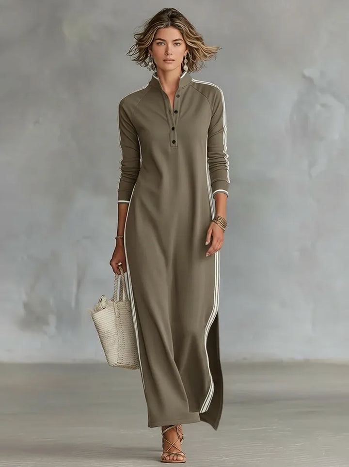 Minimalistisches Sweatshirtkleid für Damen mit weißem Kragen und Knopfleiste