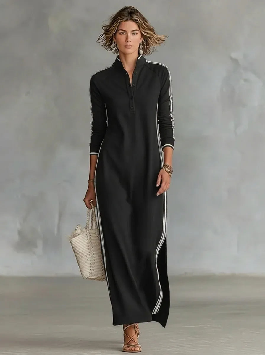 Minimalistisches Sweatshirtkleid für Damen mit weißem Kragen und Knopfleiste