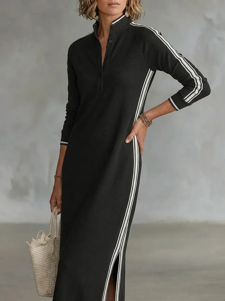 Minimalistisches Sweatshirtkleid für Damen mit weißem Kragen und Knopfleiste