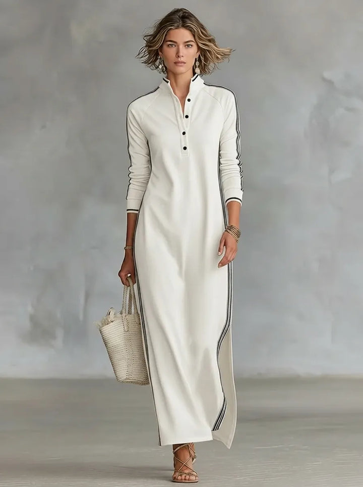 Minimalistisches Sweatshirtkleid für Damen mit weißem Kragen und Knopfleiste
