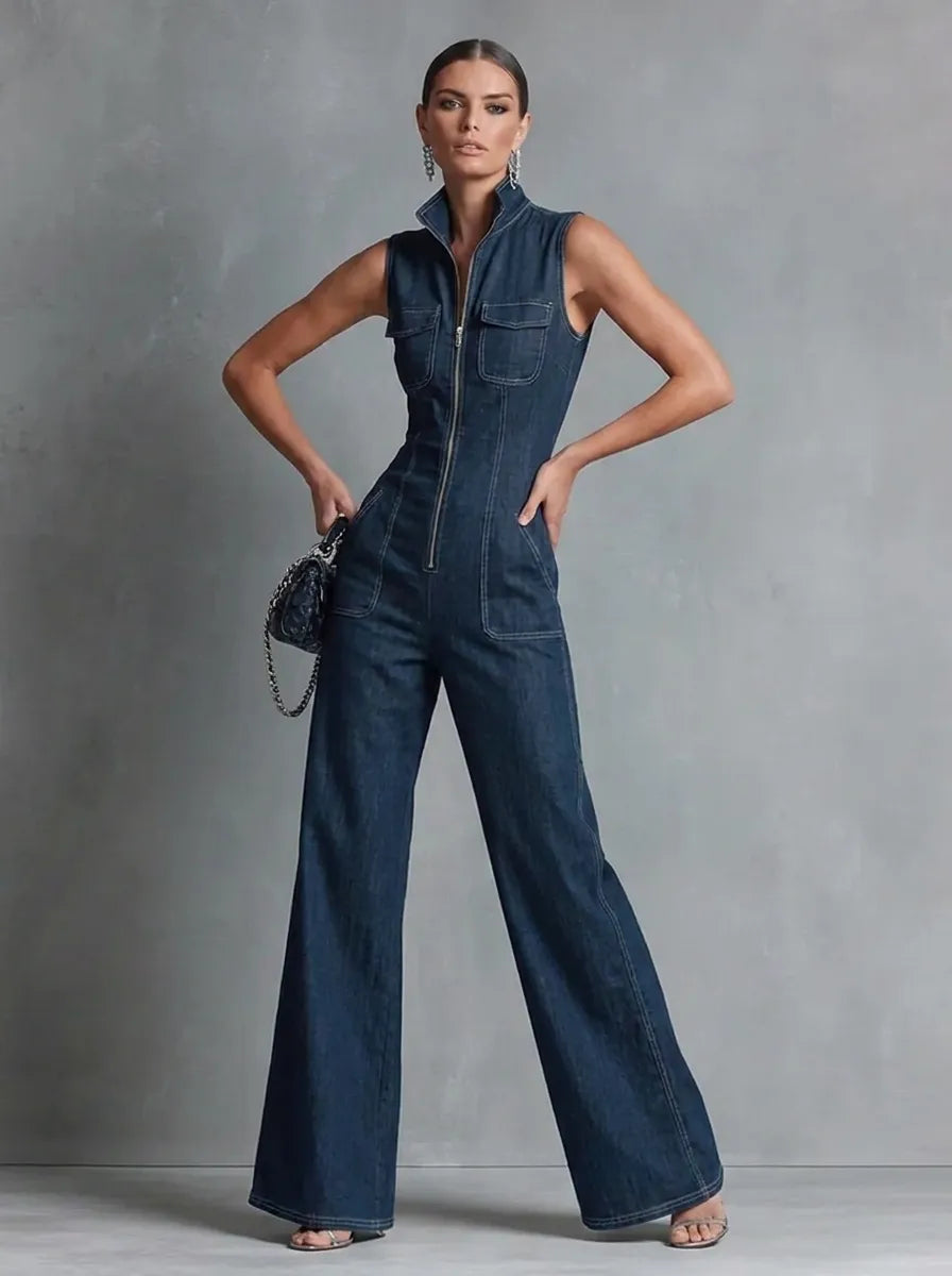 Dunkelblauer, ärmelloser Jumpsuit im Retro-Stil für Damen mit Stehkragen, ausgestelltem Schnitt und Reißverschluss vorne.