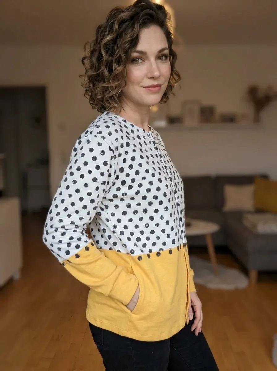 Gelber Geometrischer Polka-Dots-Druck | Geknöpfter Cardigan Pullover