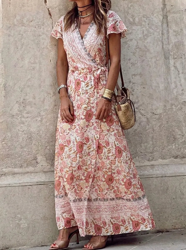 Rocio® | Vestido bohemio floral de corte evasé con escote en V y cinturón