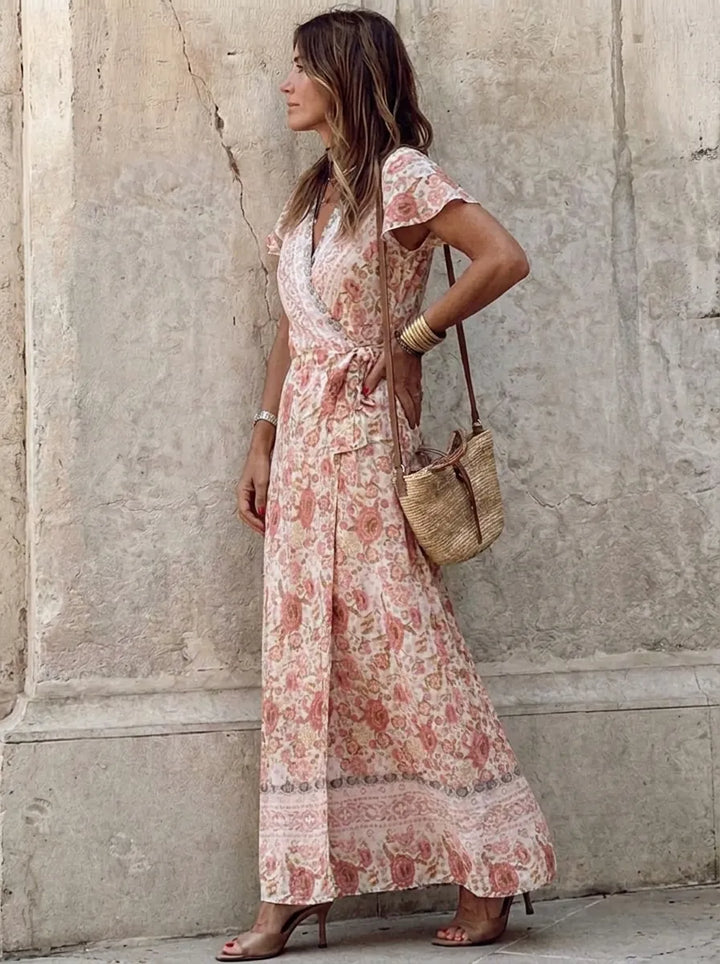 Rocio® | Vestido bohemio floral de corte evasé con escote en V y cinturón