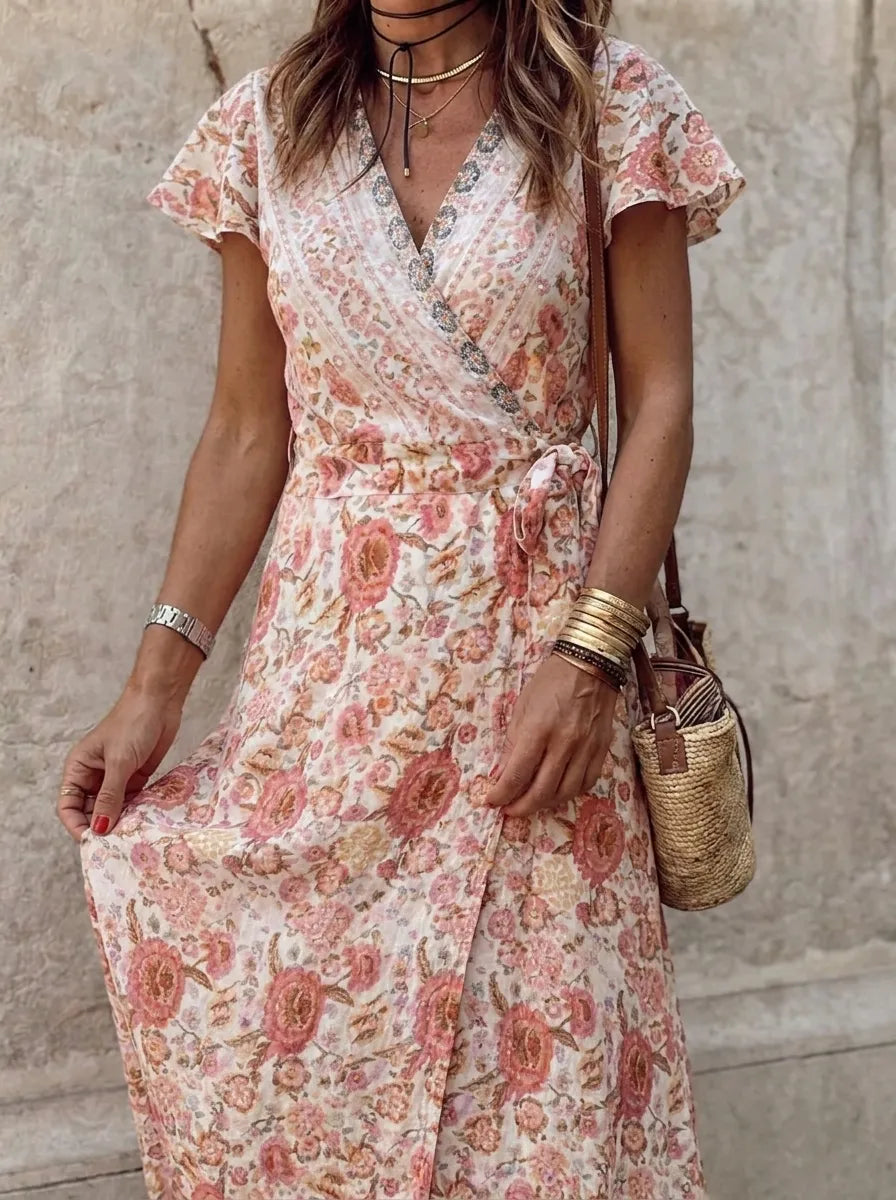 Rocio® | Vestido bohemio floral de corte evasé con escote en V y cinturón