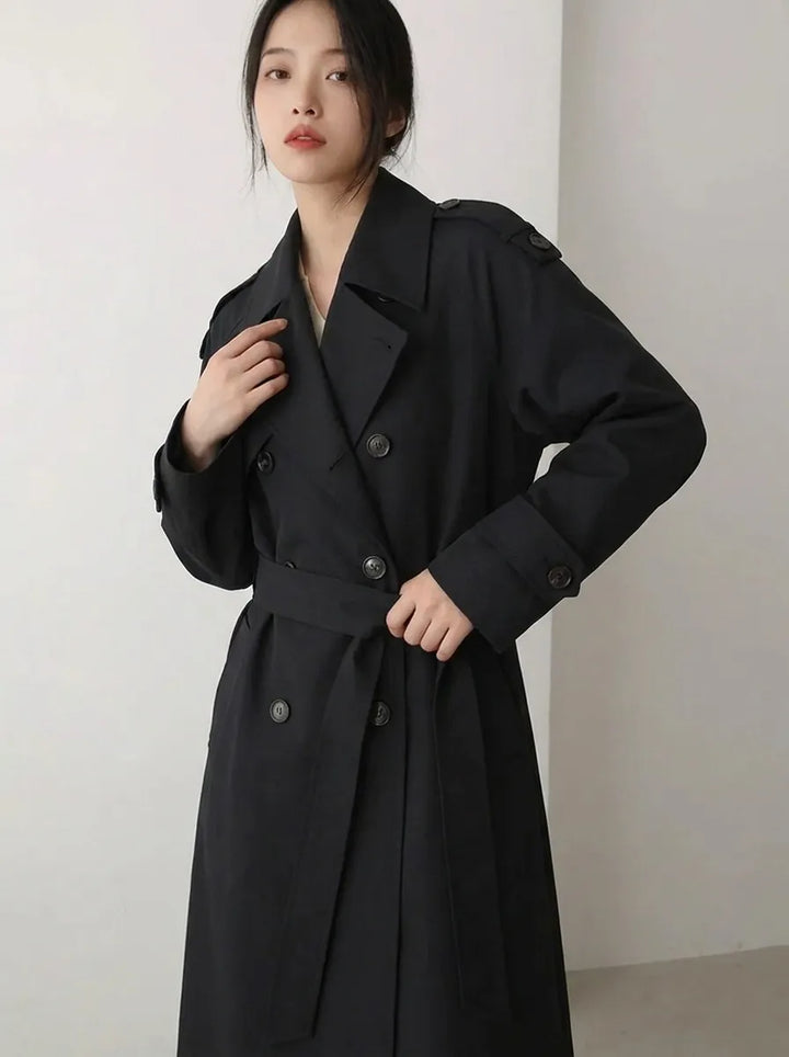 Trench coat oversize da donna, lungo fino ai piedi, con cintura in vita e spalline decorative