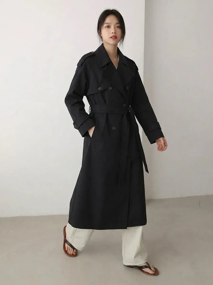 Trench coat oversize da donna, lungo fino ai piedi, con cintura in vita e spalline decorative