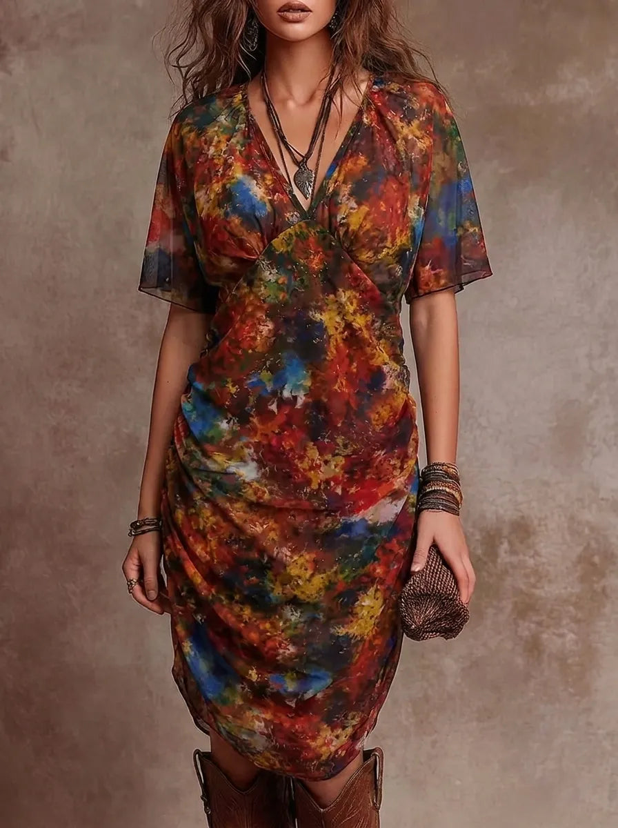 Judy | Abstract V-Neck Pleated Midi Dress with Bohemian Flair