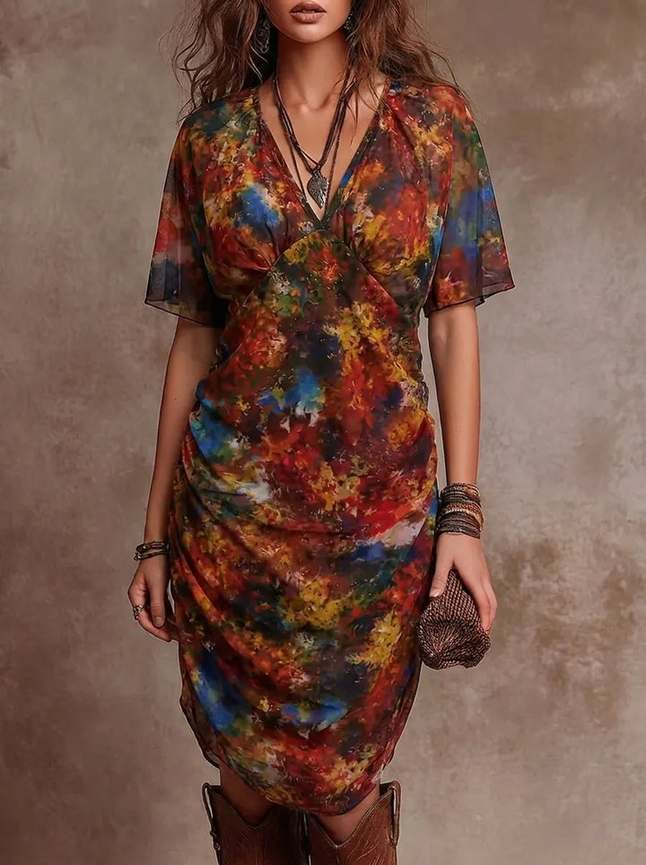 Judy | Abstract V-Neck Pleated Midi Dress with Bohemian Flair