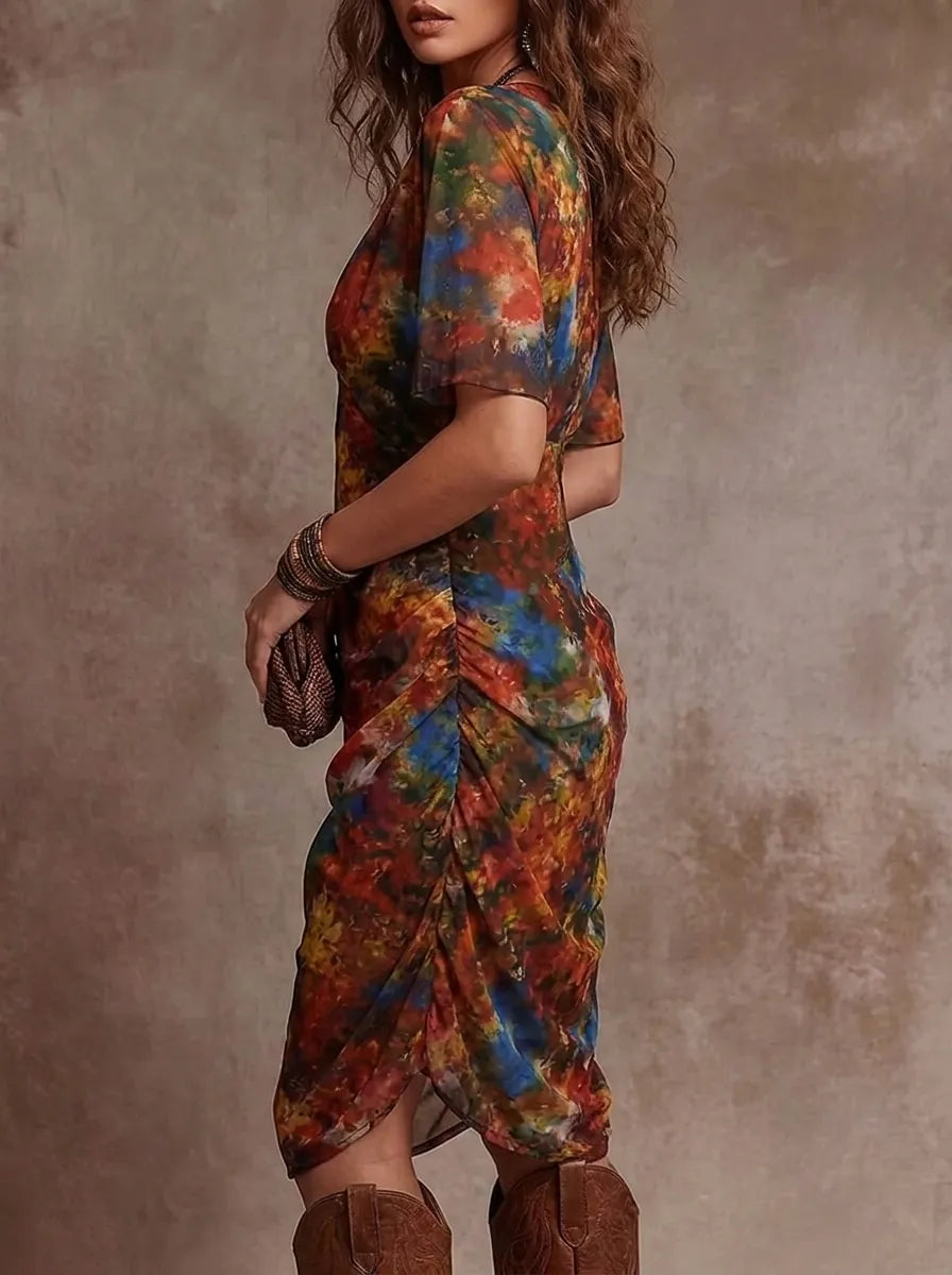Judy | Abstract V-Neck Pleated Midi Dress with Bohemian Flair