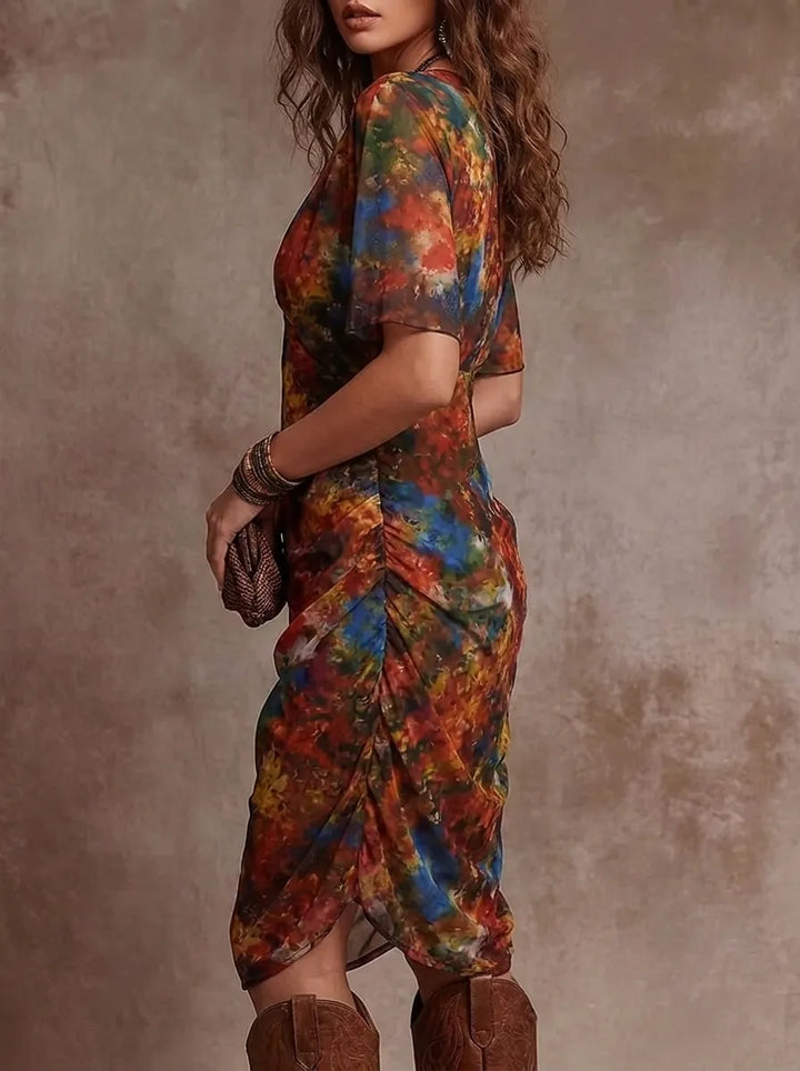 Judy | Abstract V-Neck Pleated Midi Dress with Bohemian Flair