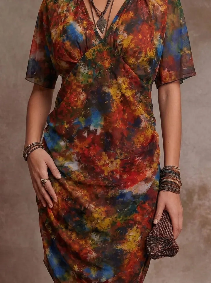 Judy | Abstract V-Neck Pleated Midi Dress with Bohemian Flair