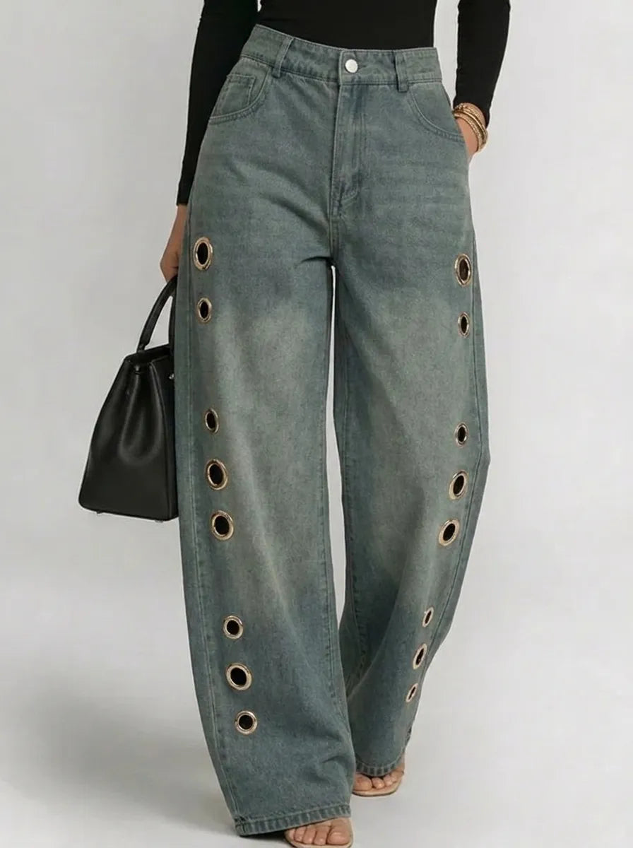Wide-Leg Trousers with Gold Eyelet Side Cutouts