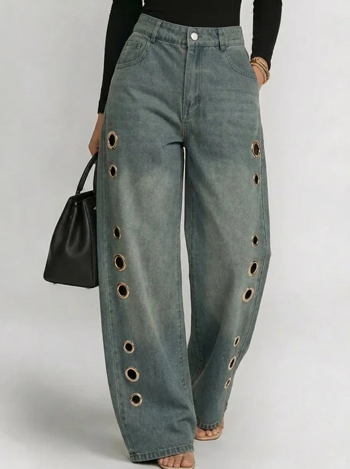 Wide-Leg Trousers with Gold Eyelet Side Cutouts