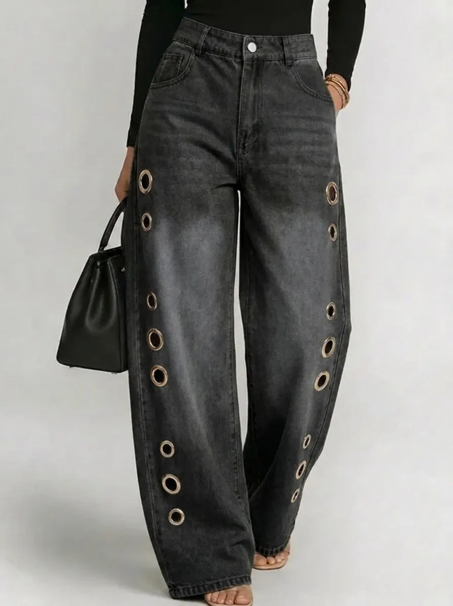 Wide-Leg Trousers with Gold Eyelet Side Cutouts
