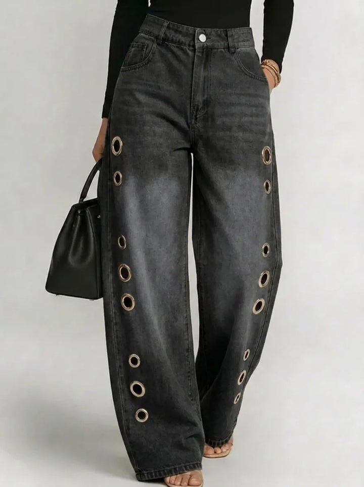 Wide-Leg Trousers with Gold Eyelet Side Cutouts