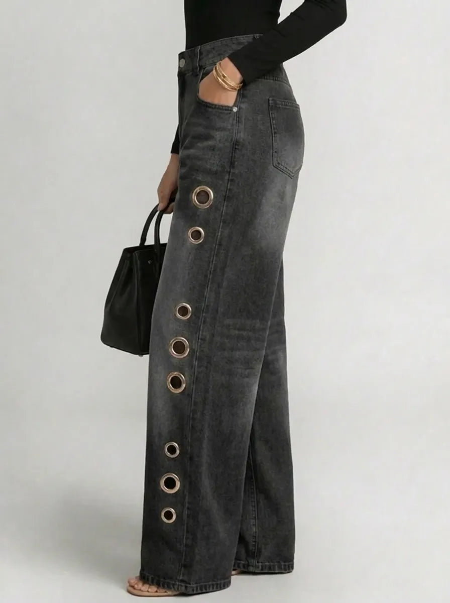 Wide-Leg Trousers with Gold Eyelet Side Cutouts