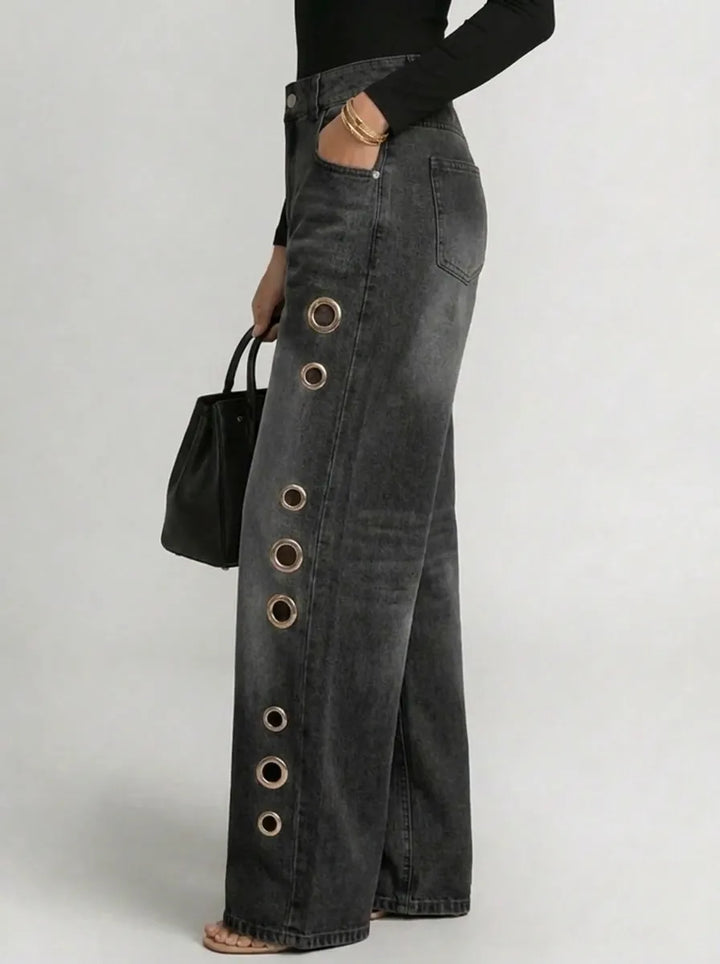 Wide-Leg Trousers with Gold Eyelet Side Cutouts