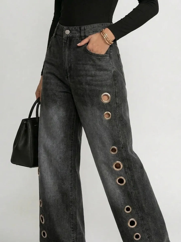 Wide-Leg Trousers with Gold Eyelet Side Cutouts