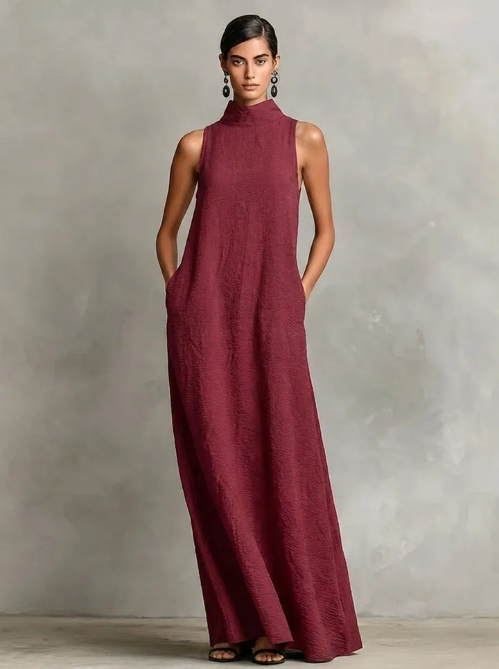 Black Women's Maxi Dress with Stand-Up Collar and Side Pockets, Timeless Minimalist Casual Dress