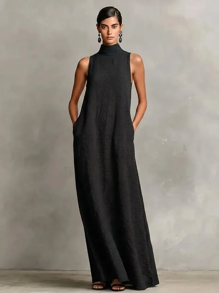 Robe longue noire pour femme à col montant et poches latérales, robe décontractée intemporelle et minimaliste