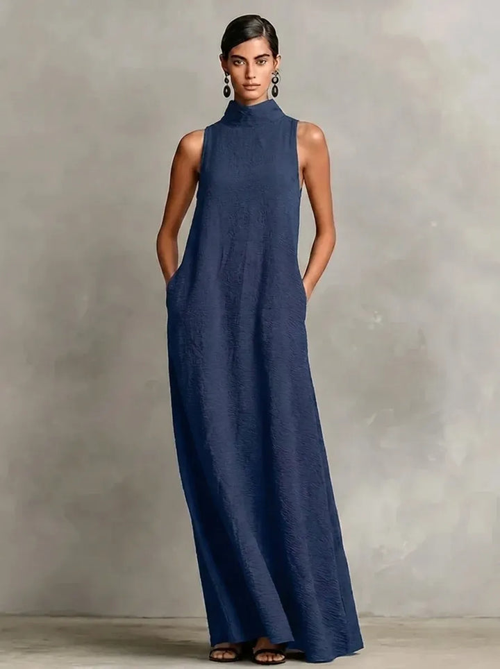 Robe longue noire pour femme à col montant et poches latérales, robe décontractée intemporelle et minimaliste