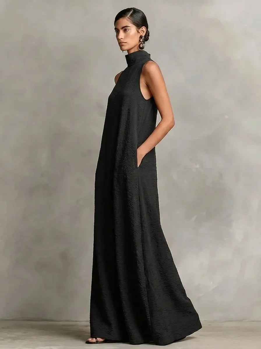 Robe longue noire pour femme à col montant et poches latérales, robe décontractée intemporelle et minimaliste