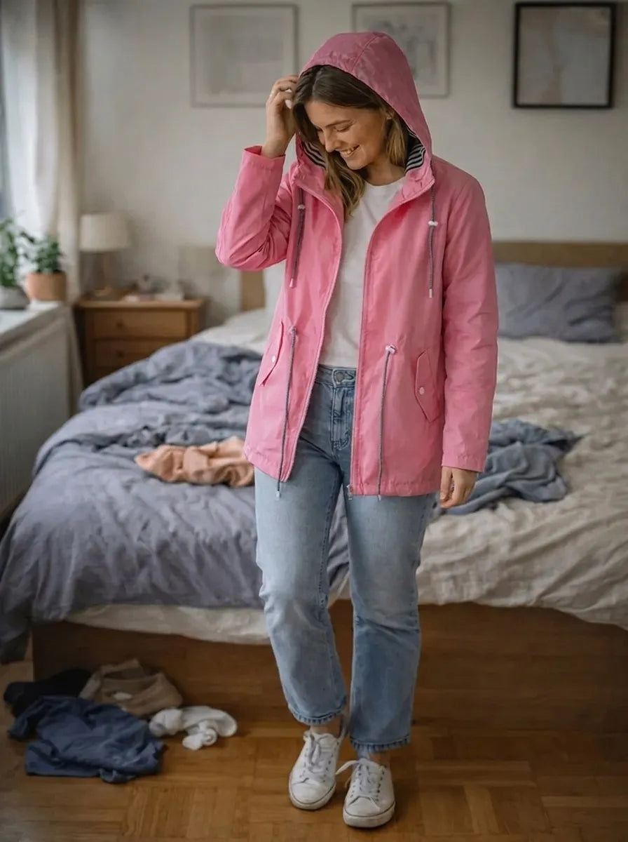 Damen Regenjacke mit langen Ärmeln, Kapuze und Taschen