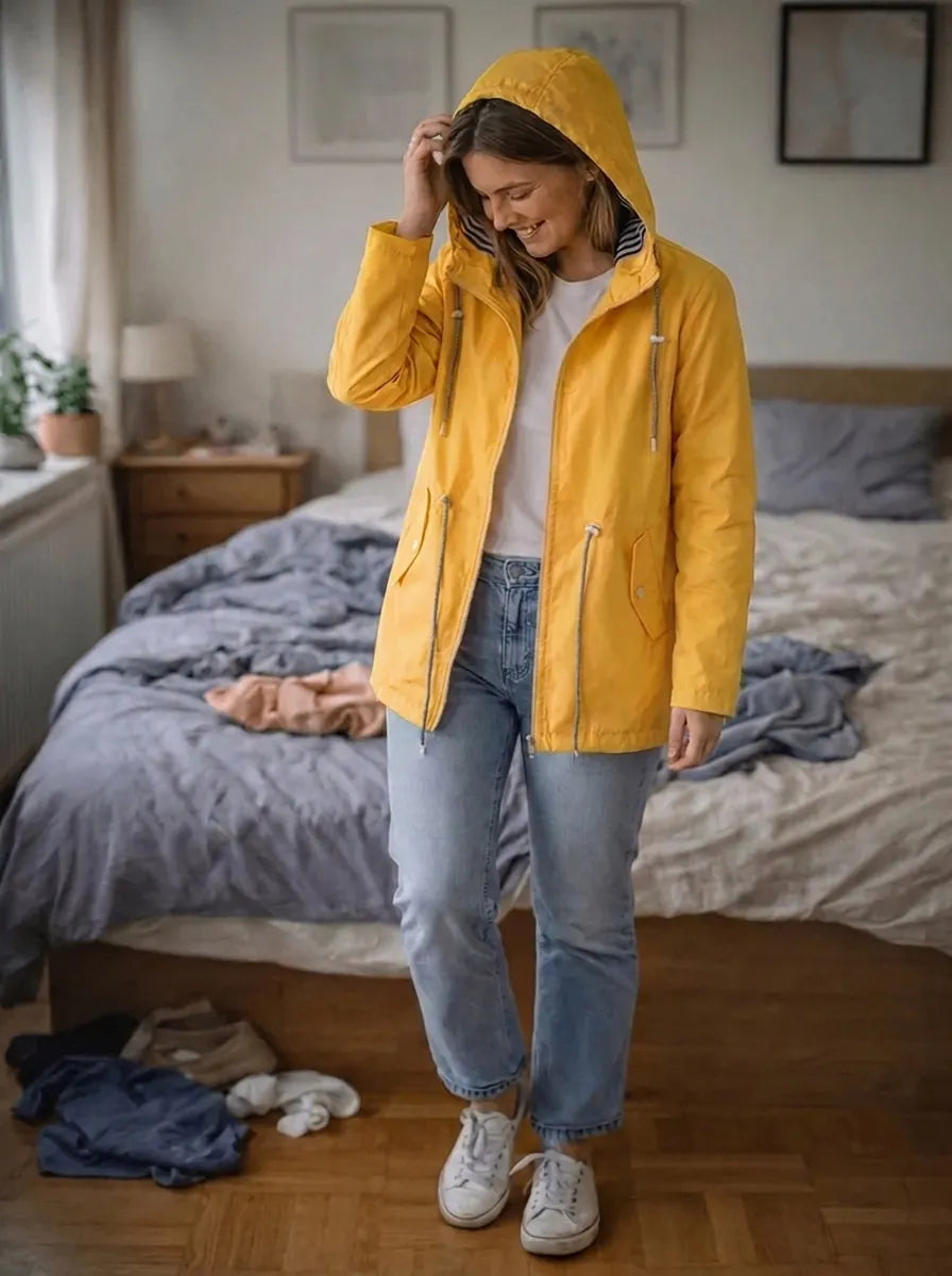 Damen Regenjacke mit langen Ärmeln, Kapuze und Taschen