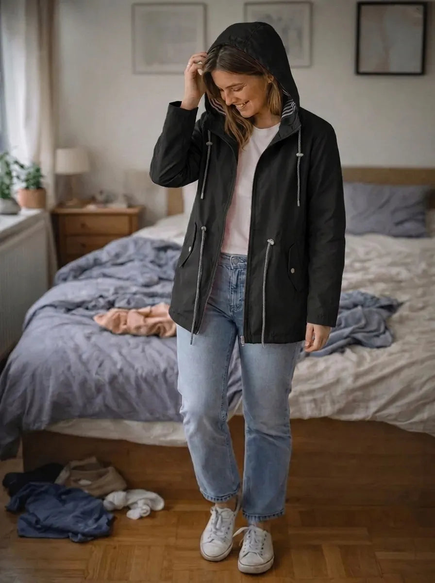 Damen Regenjacke mit langen Ärmeln, Kapuze und Taschen