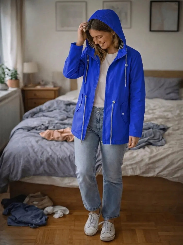 Damen Regenjacke mit langen Ärmeln, Kapuze und Taschen