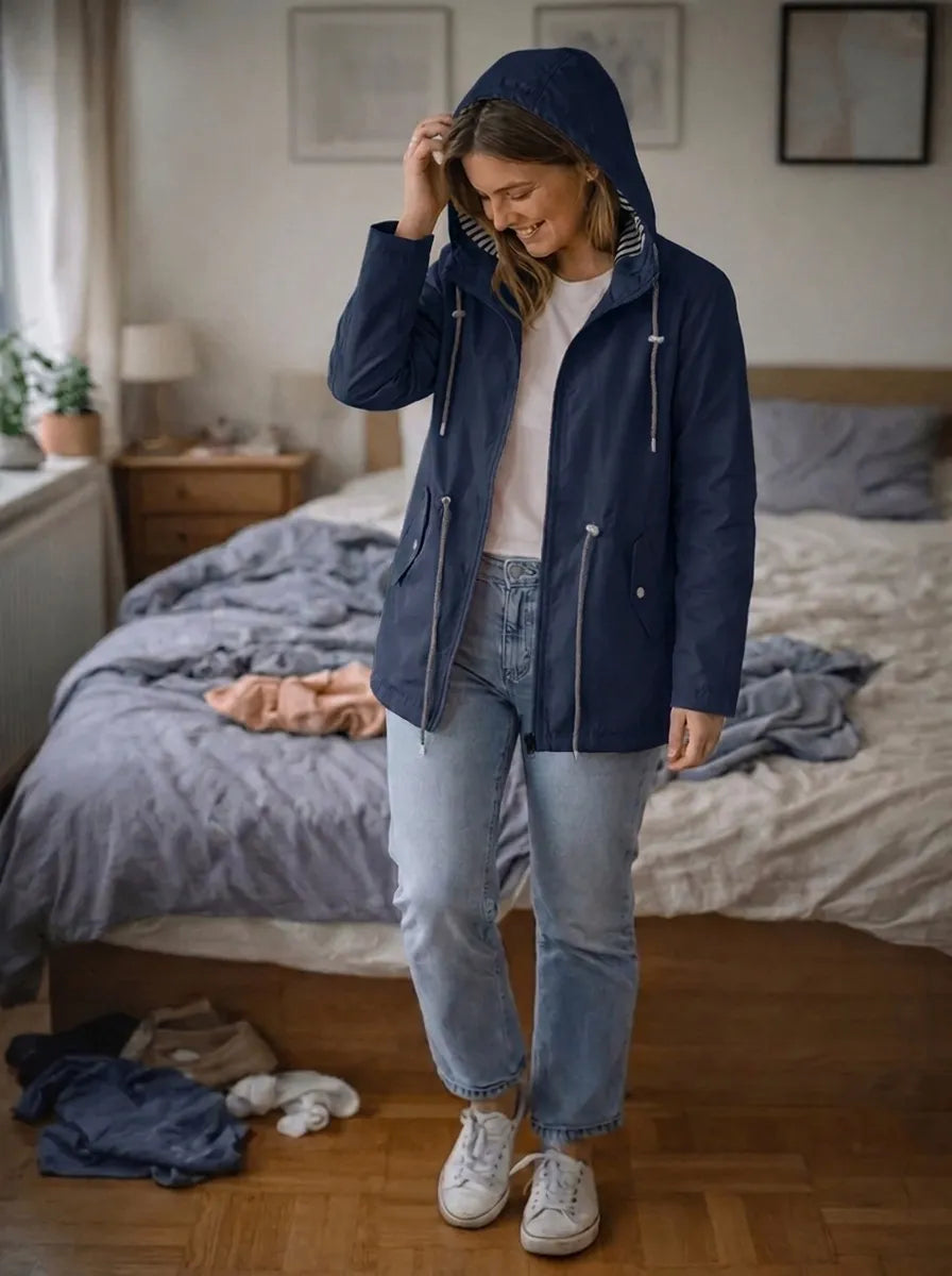 Damen Regenjacke mit langen Ärmeln, Kapuze und Taschen