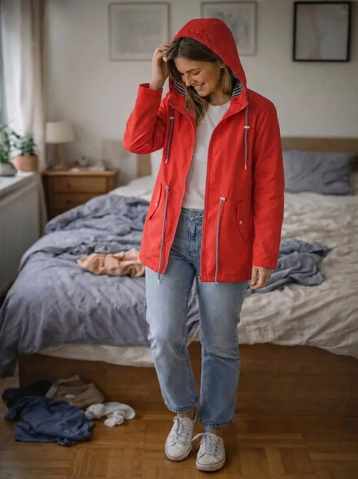 Damen Regenjacke mit langen Ärmeln, Kapuze und Taschen