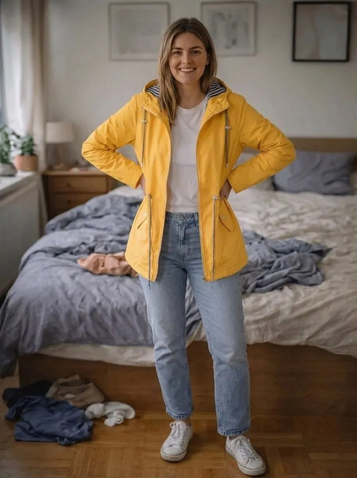Damen Regenjacke mit langen Ärmeln, Kapuze und Taschen
