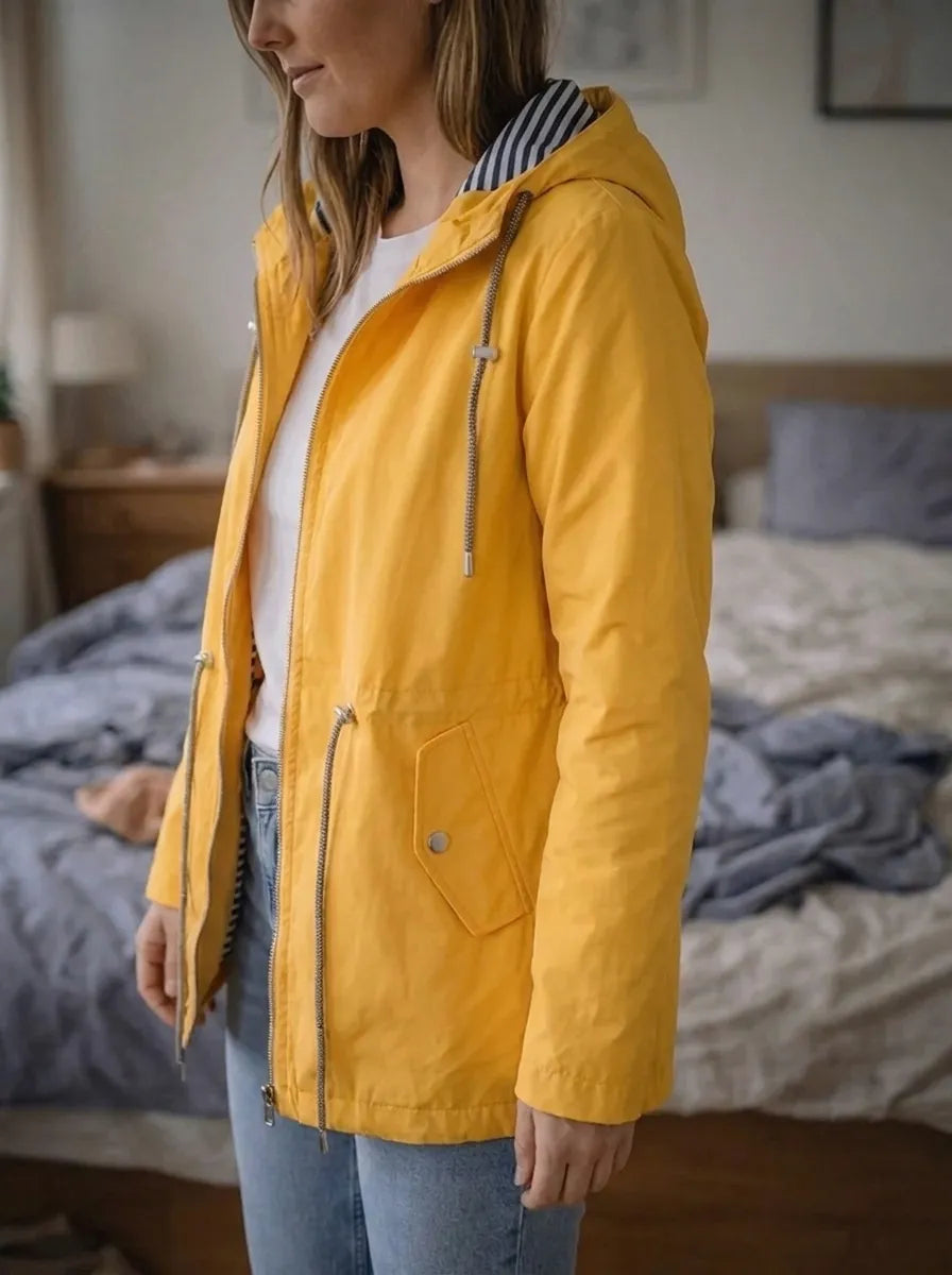 Damen Regenjacke mit langen Ärmeln, Kapuze und Taschen