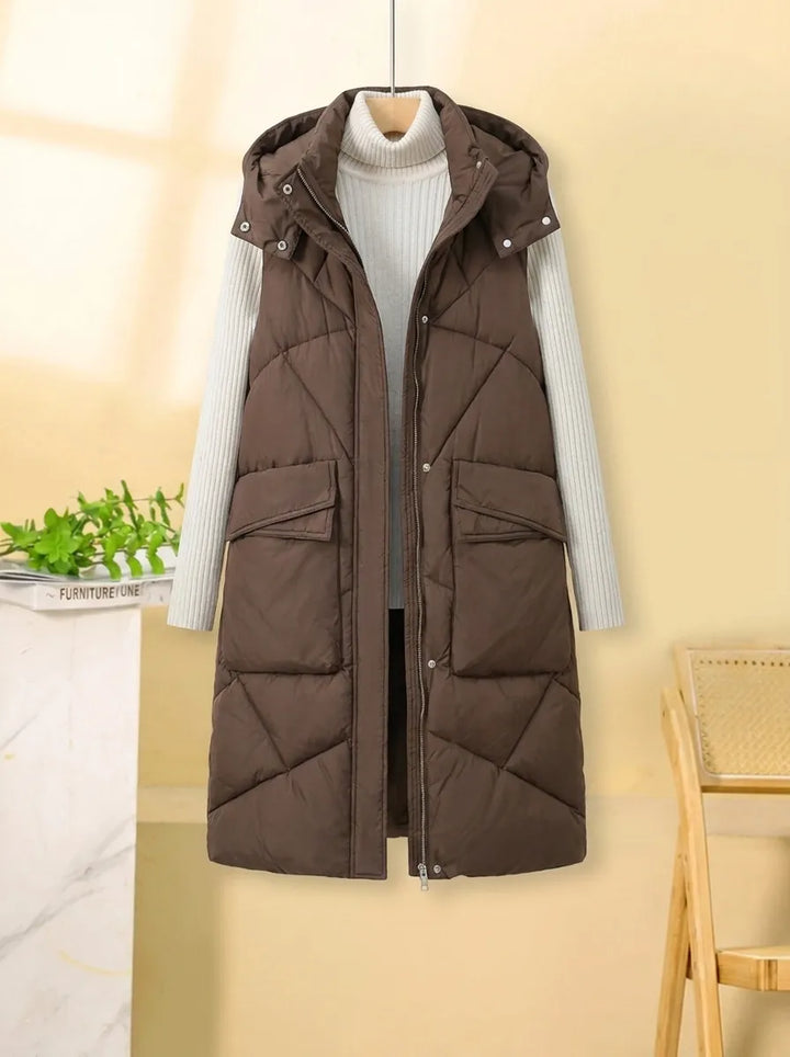 Women's Long Thermal Quilted Vest with Hood and Multifunctional Pockets
