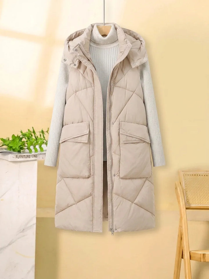 Women's Long Thermal Quilted Vest with Hood and Multifunctional Pockets